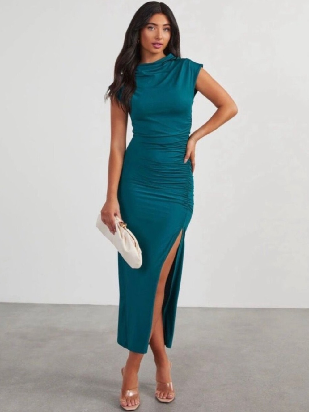 Vici Elisabeth Mock Neck Side Slit Ruched Midi Dress size medium
